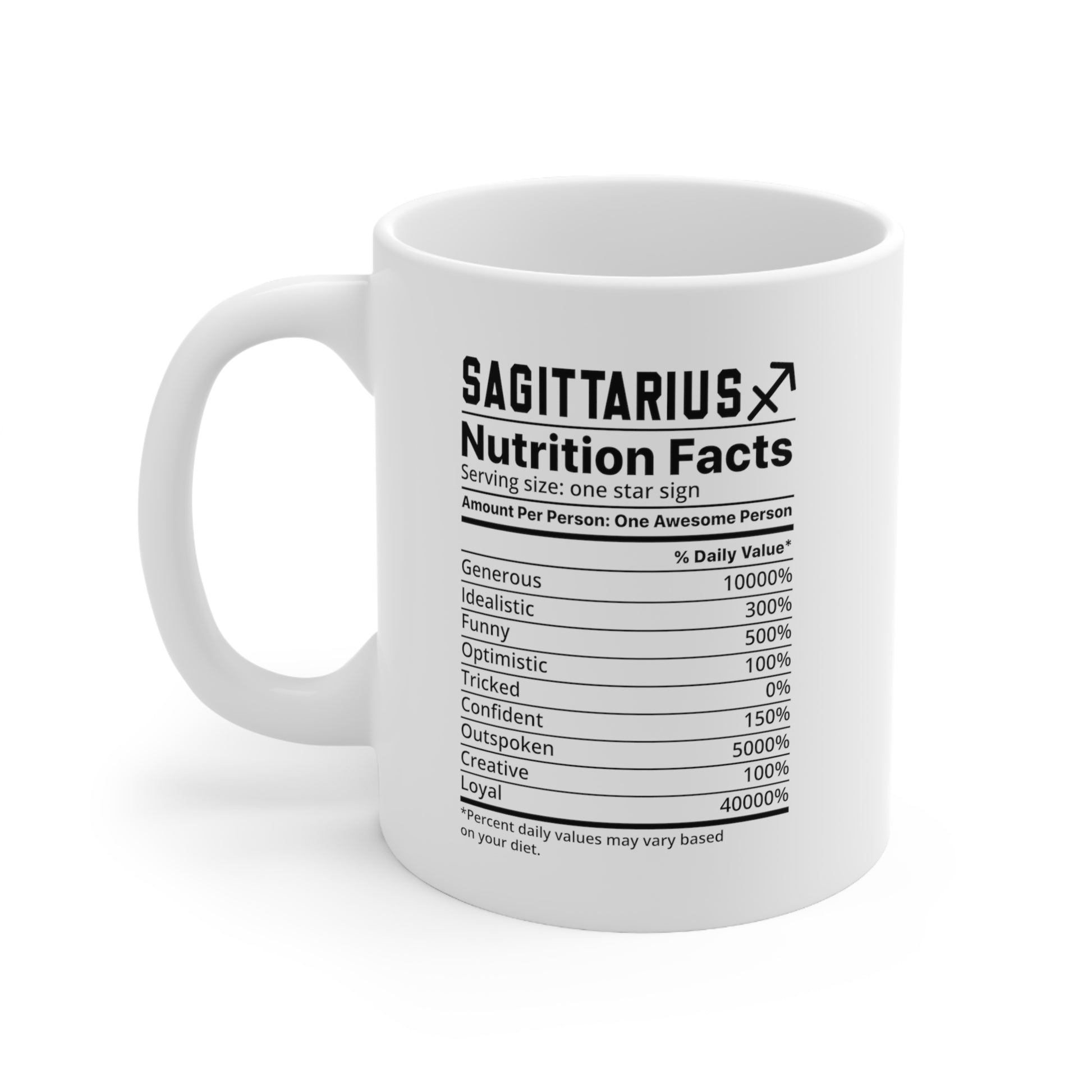 Sagittarius, zodiac gift, funny mug idea, Coffee lover's astrology mug Where to find unique mugs Zodiac sign collector's cup Best astrology-inspired merchandise Quirky mug for astrology fans C-handle ceramic mug purchase Cosmic coffee mug with nutrition descriptions