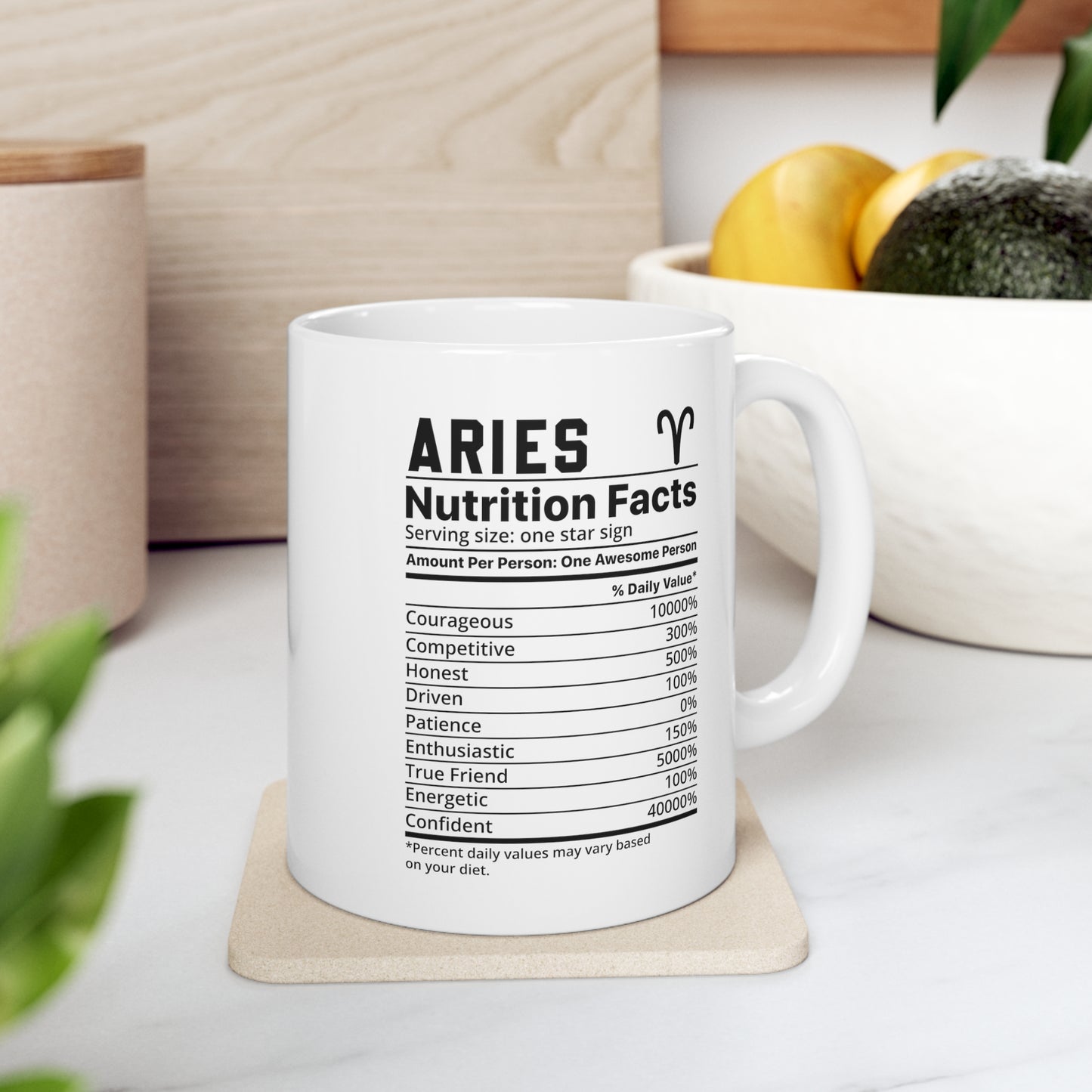 Aries, Astrology-themed mug Celestial drinkware White ceramic coffee mug Zodiac sign collector's item Unique astrology gift Sass and style mug C-handle ceramic mug Cosmic coffee companion Fun astrology merchandise Zodiac nutrition descriptions Coffee lover's delight Star sign essentials