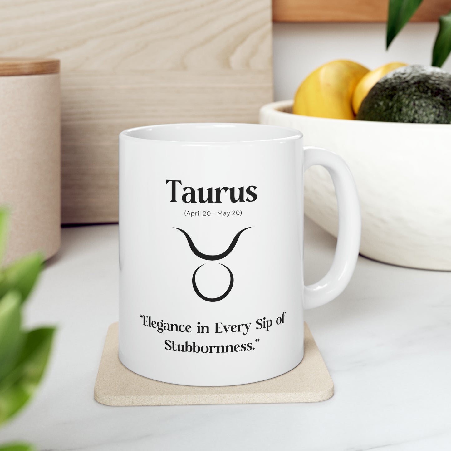 Taurus, celestial mug, zodiac sign, astrology, enduring strength, sophistication, stubbornness, elegance, refined taste, luxurious design, endurance, charm, grace, cosmic journey, unwavering determination.