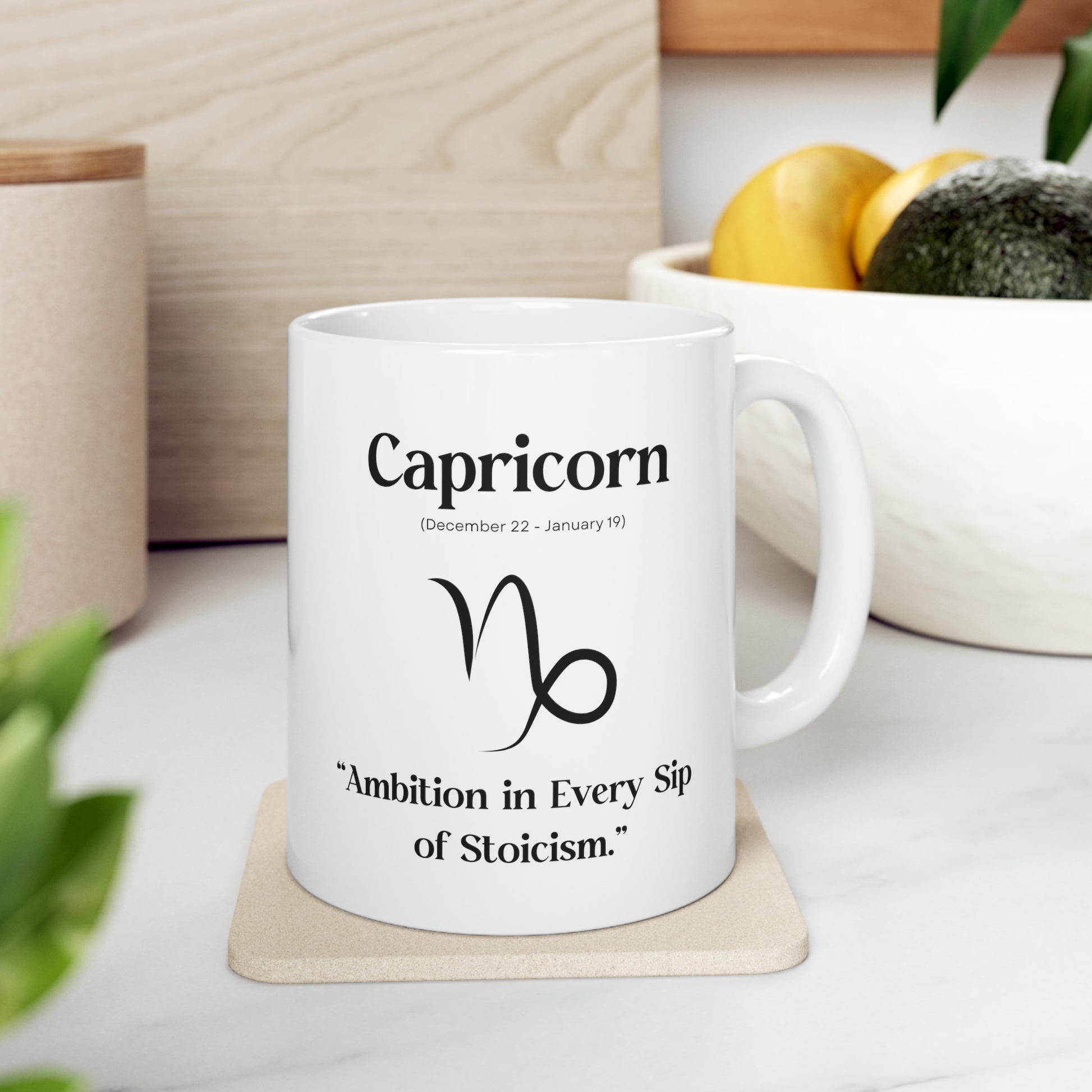  Capricorn, celestial mug, zodiac sign, astrology, ambition, stoicism, determination, resilience, cosmic, strength, empowerment, perseverance, goat symbol, endurance.