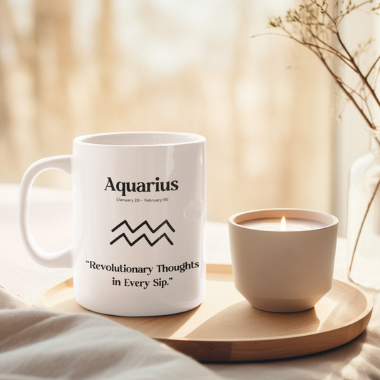 Aquarius, celestial mug, zodiac sign, astrology, revolution, innovation, enlightenment, visionary, creative thinking, forward-looking, cosmic, inspiration, progressive, Aquarius symbol, cosmic design.